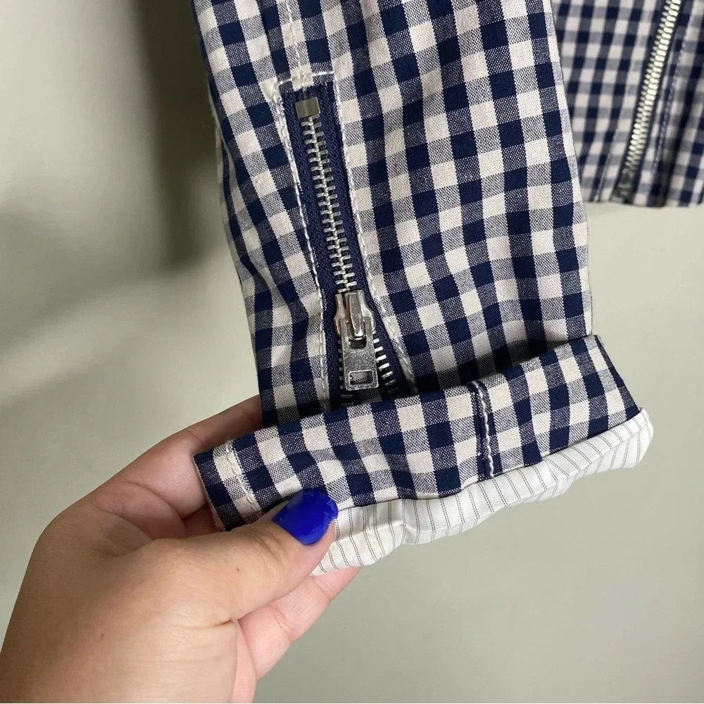 J. Crew White Blue Gingham Moto Motorcycle Jacket Size 2